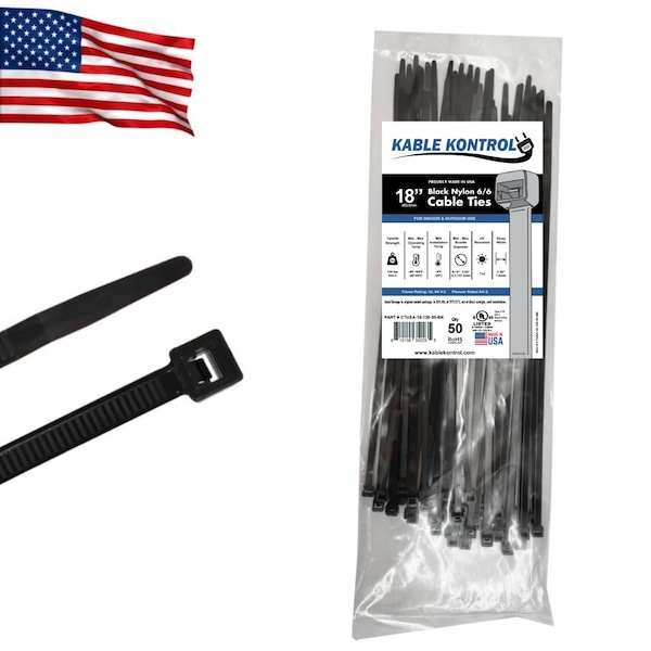 Kable Kontrol Cable Tie, 18 in L, 0.87 in Max Bundle Dia., Black, Nylon 6/6, 120 lb Strength, 50 PK CTUSA-18-120-50-BK - main